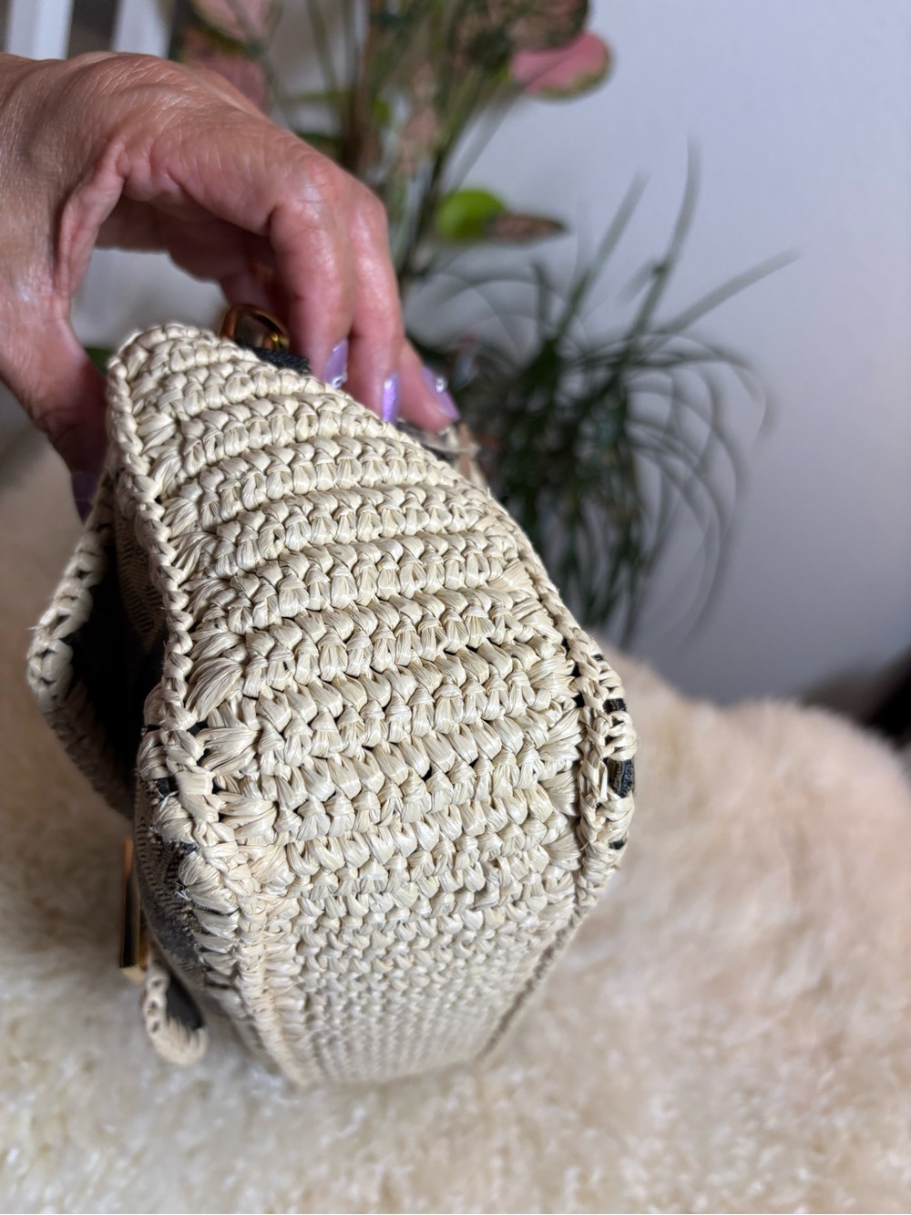 FENDI Fabric Jacquard Raffia Straw Pequin Gingham Woven Baguette Beige Black - Picture 5 of 16